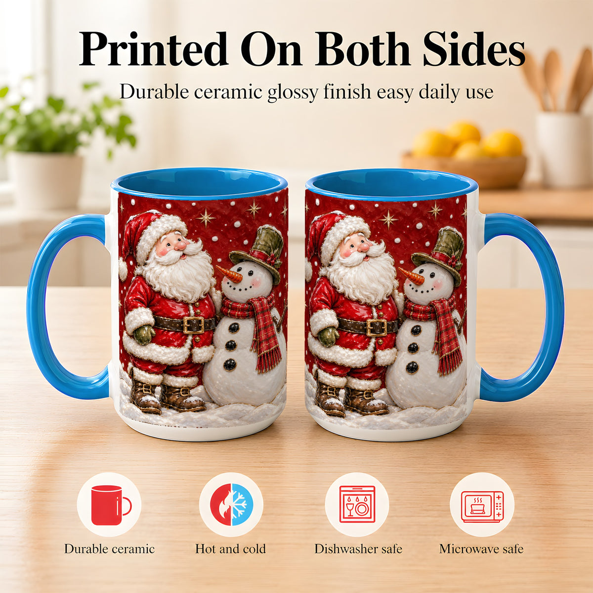 #pl[15oz|Blue] Santa Snowman Christmas Coffee Mug, Winter Mug, Ceramic Cup