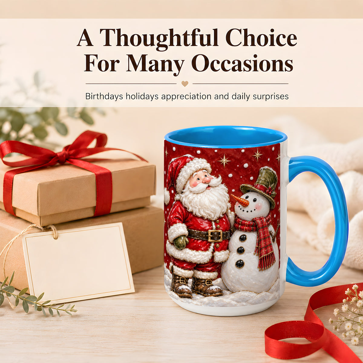 #pl[15oz|Blue] Santa Snowman Christmas Coffee Mug, Winter Mug, Ceramic Cup