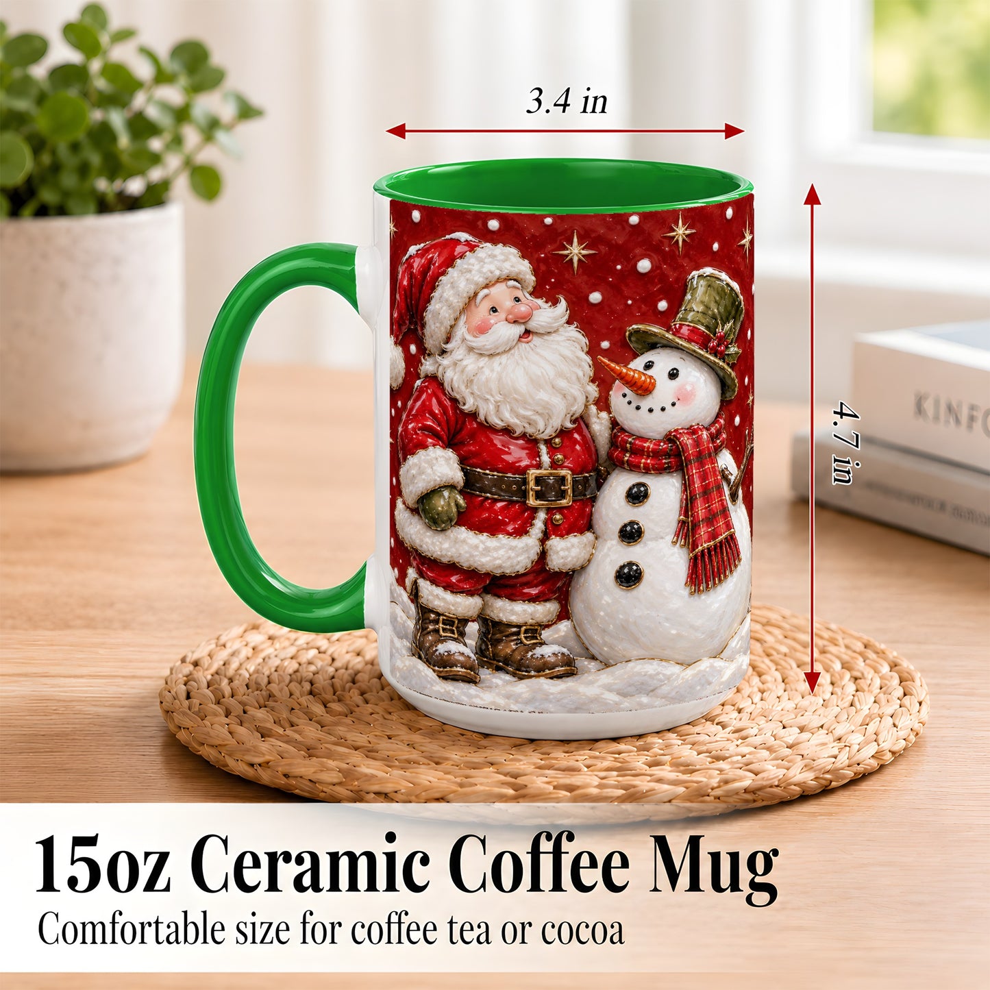 #pl[15oz|Green] Santa Snowman Christmas Coffee Mug, Winter Mug, Ceramic Cup