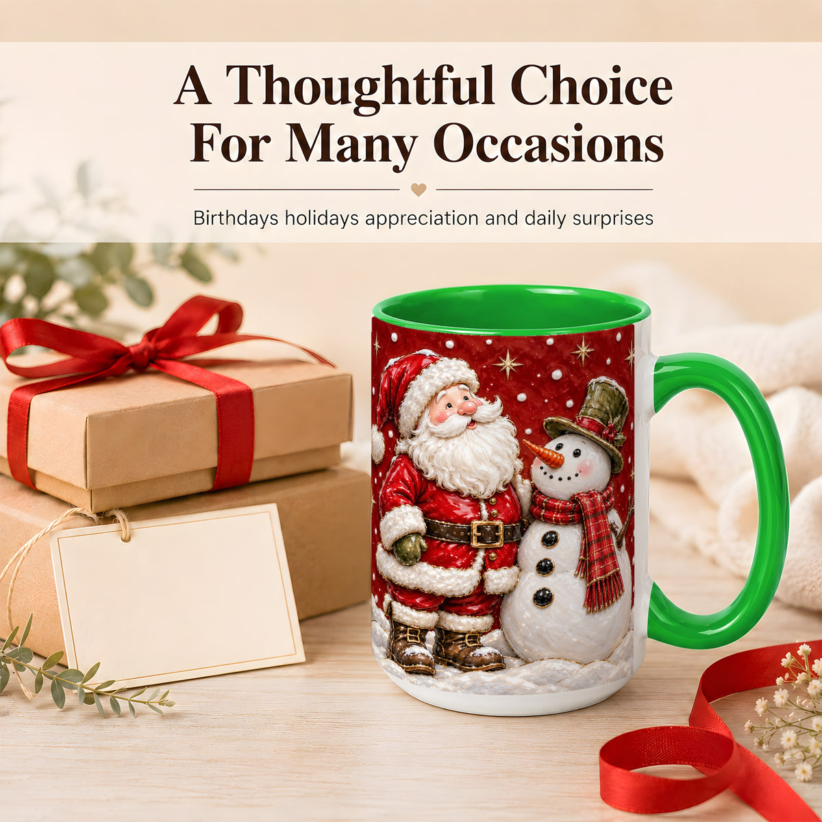 #pl[15oz|Green] Santa Snowman Christmas Coffee Mug, Winter Mug, Ceramic Cup