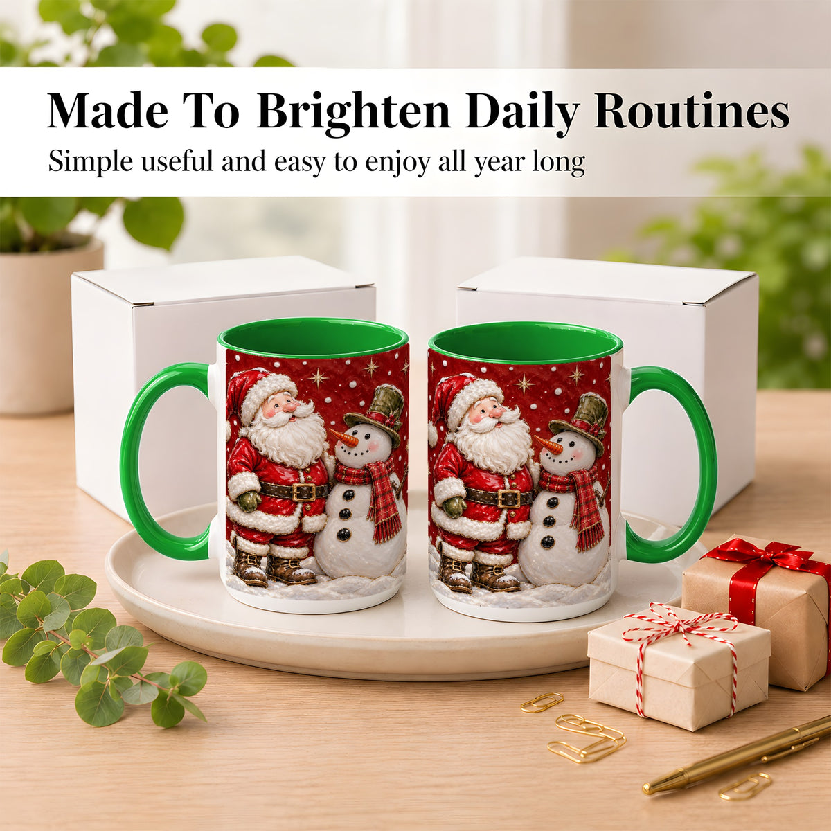 #pl[15oz|Green] Santa Snowman Christmas Coffee Mug, Winter Mug, Ceramic Cup