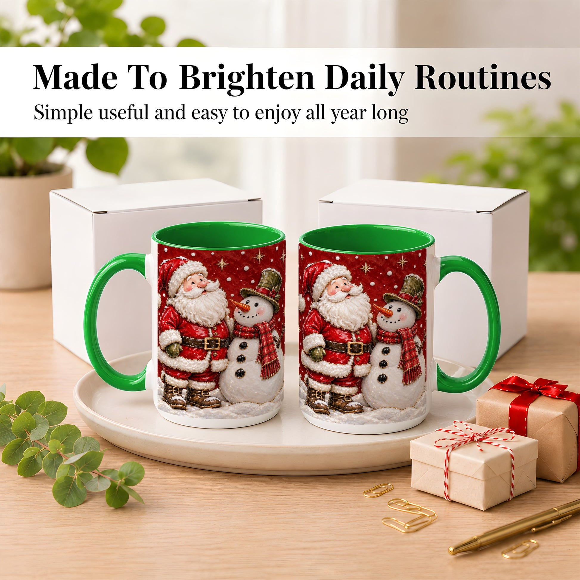 #pl[15oz|Green] Santa Snowman Christmas Coffee Mug, Winter Mug, Ceramic Cup