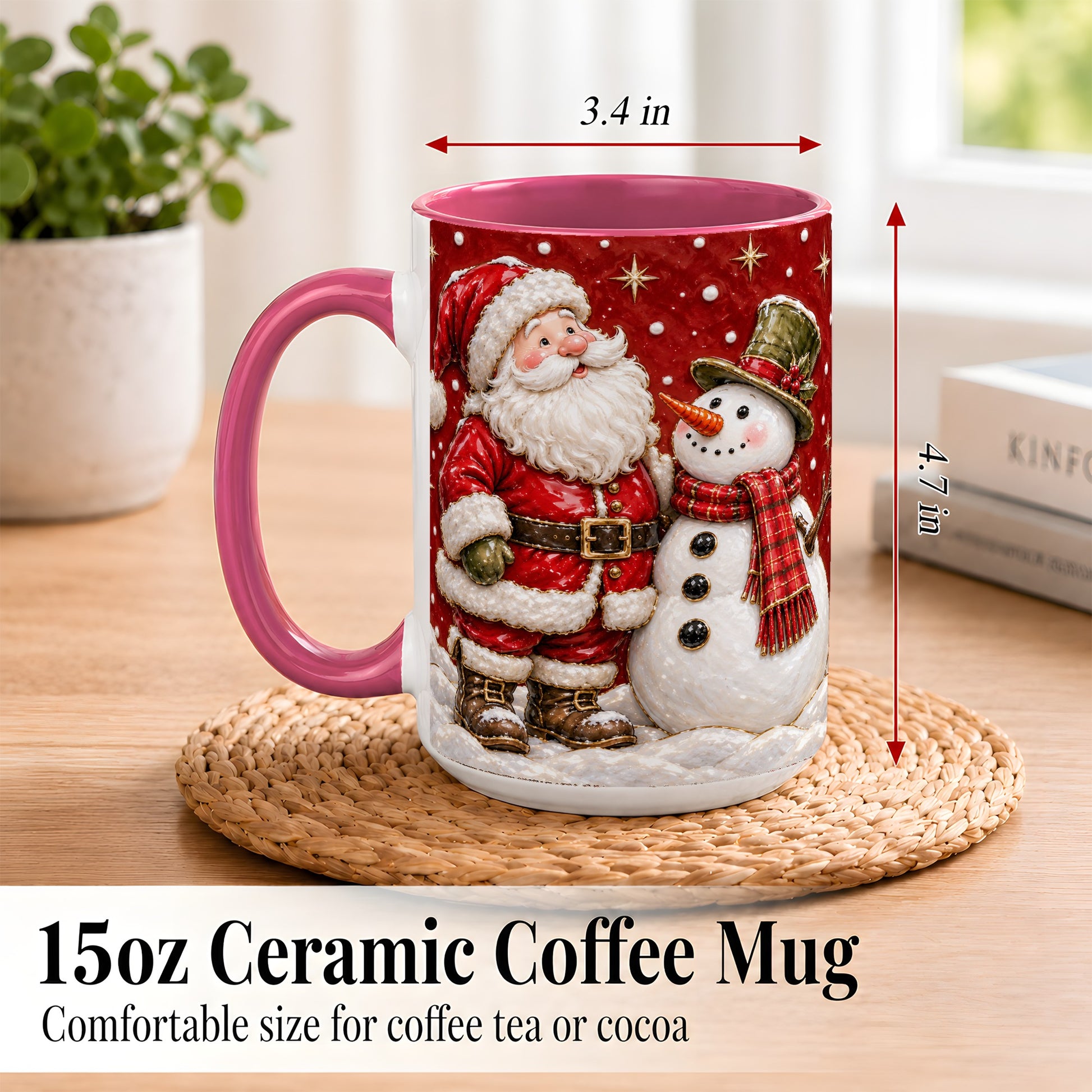 #pl[15oz|Pink] Santa Snowman Christmas Coffee Mug, Winter Mug, Ceramic Cup
