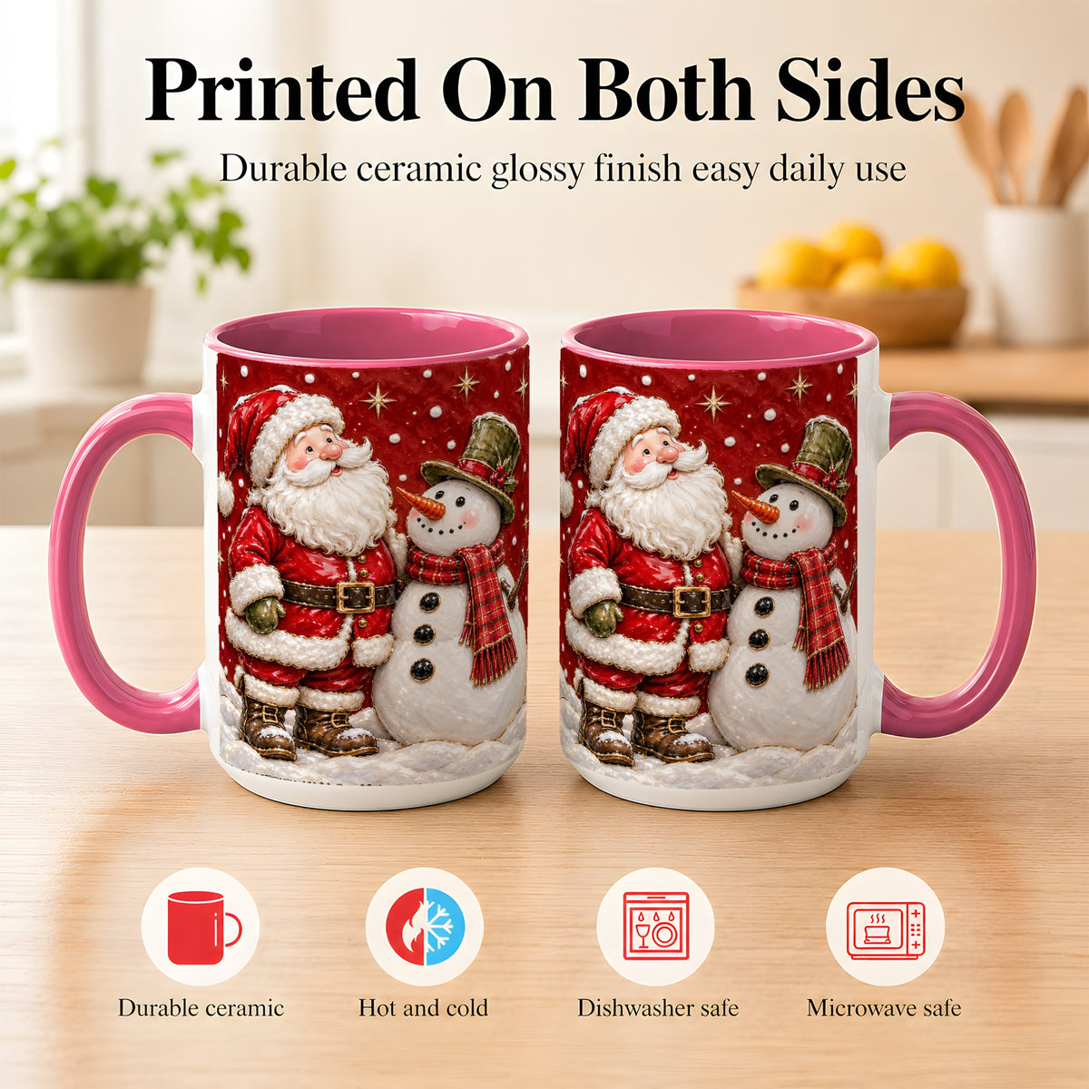#pl[15oz|Pink] Santa Snowman Christmas Coffee Mug, Winter Mug, Ceramic Cup