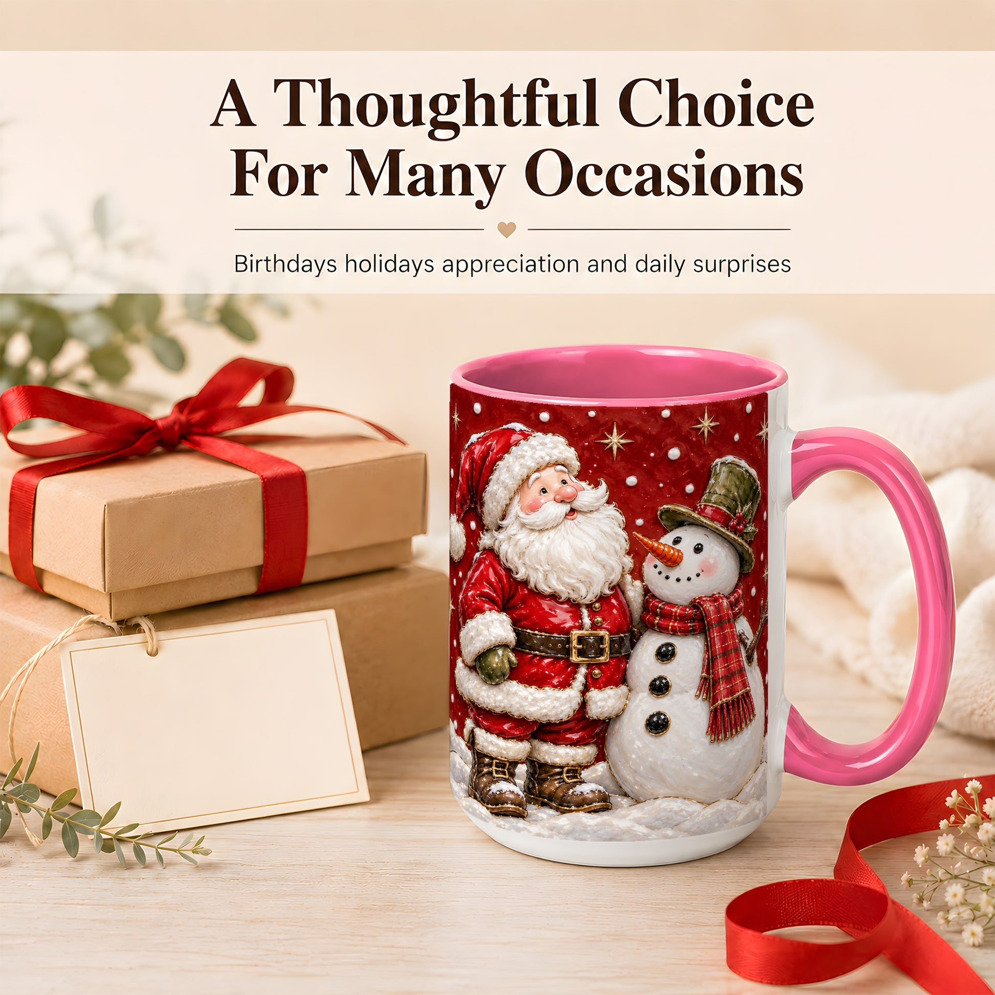 #pl[15oz|Pink] Santa Snowman Christmas Coffee Mug, Winter Mug, Ceramic Cup