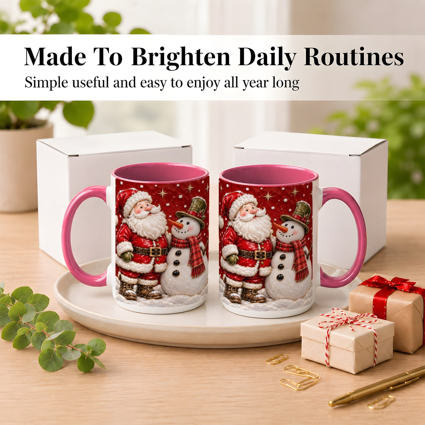 #pl[15oz|Pink] Santa Snowman Christmas Coffee Mug, Winter Mug, Ceramic Cup