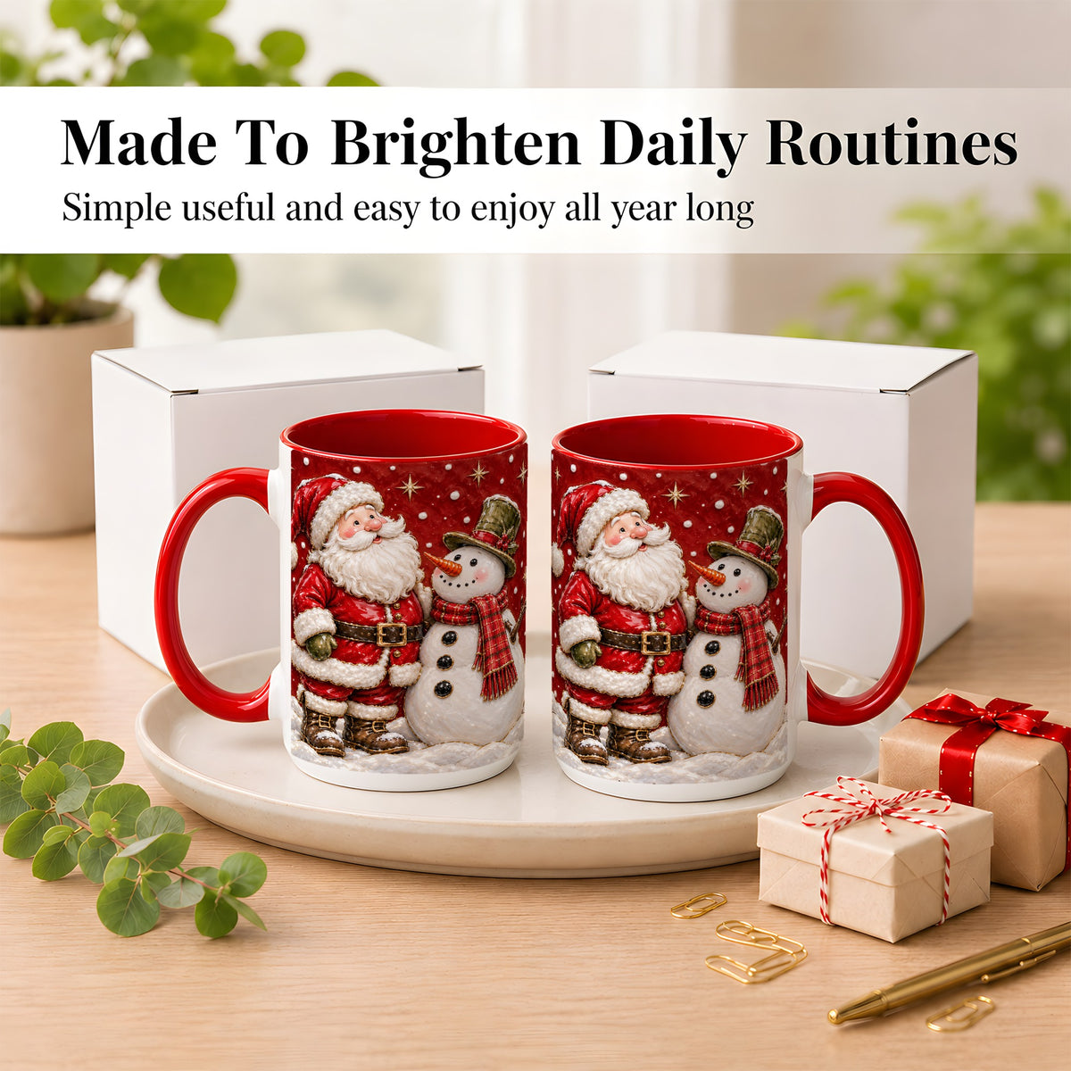 #pl[15oz|Red] Santa Snowman Christmas Coffee Mug, Winter Mug, Ceramic Cup