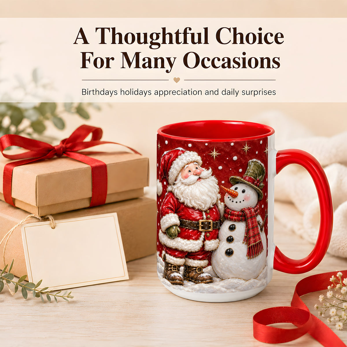#pl[15oz|Red] Santa Snowman Christmas Coffee Mug, Winter Mug, Ceramic Cup