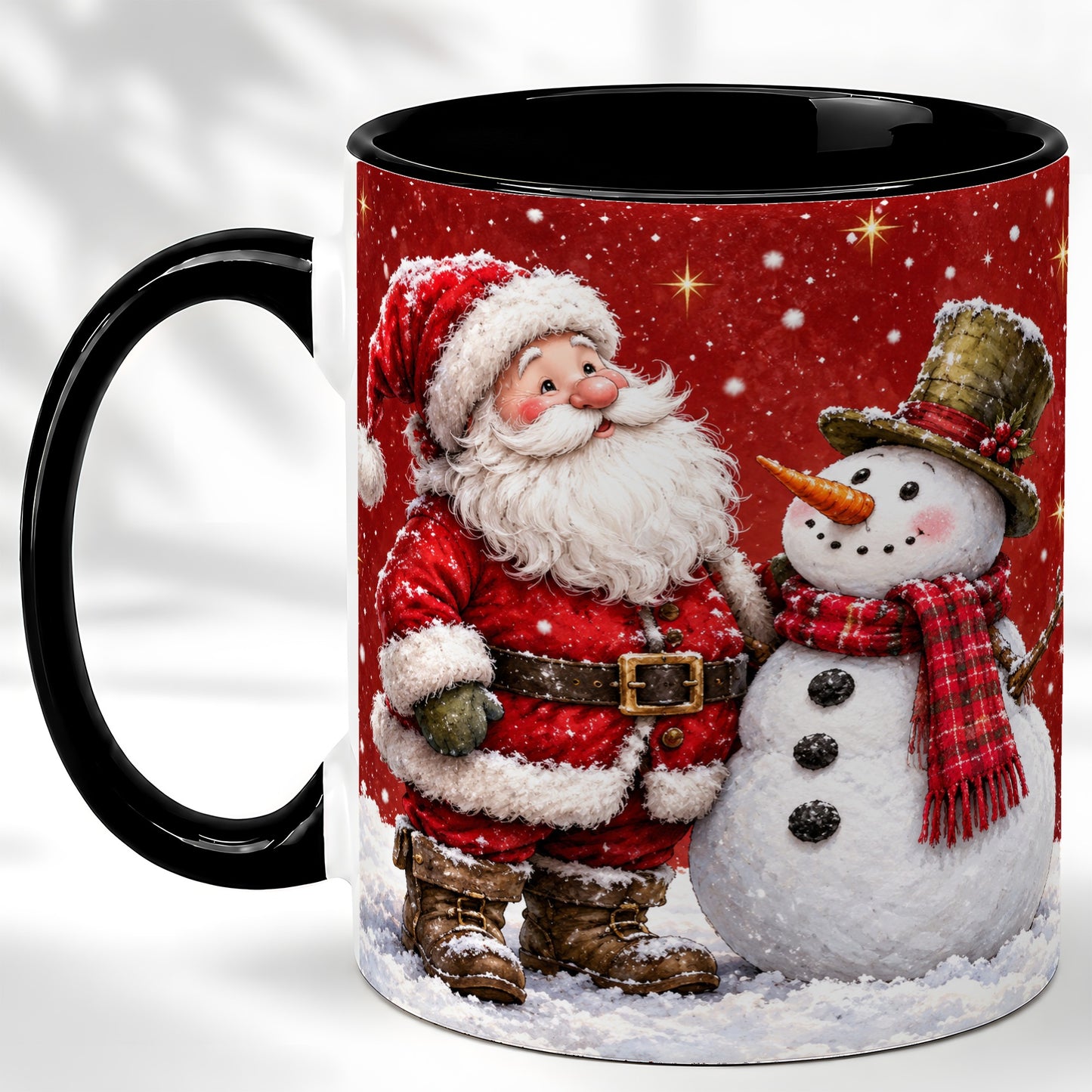 #pl[11oz|Black] Snowy Santa Snowman Coffee Mug, Christmas Mug, Ceramic Cup