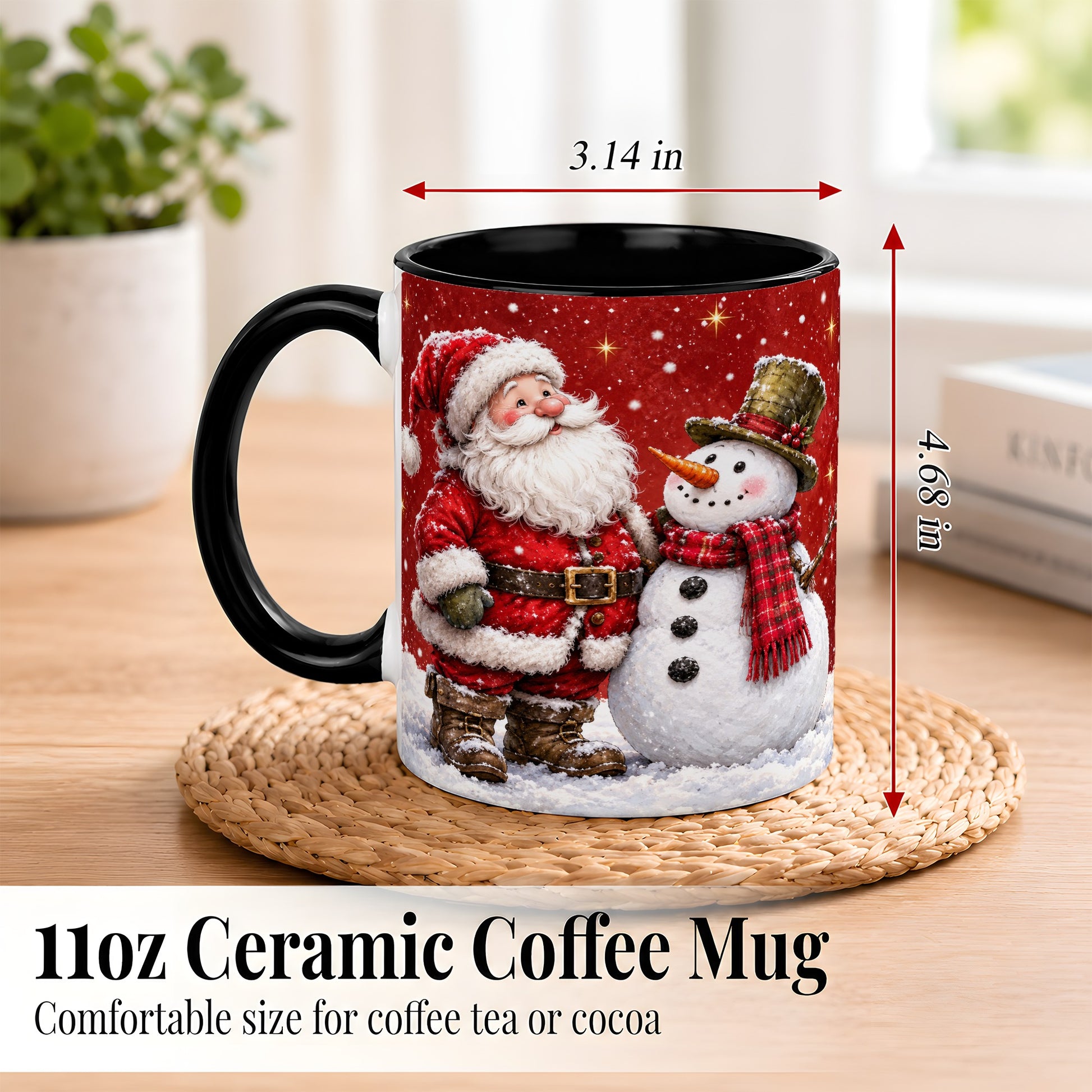 #pl[11oz|Black] Snowy Santa Snowman Coffee Mug, Christmas Mug, Ceramic Cup