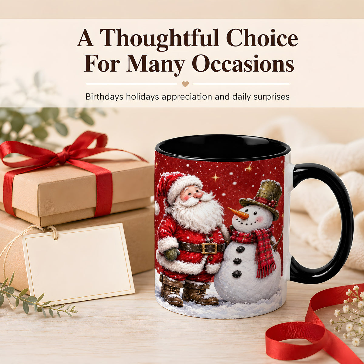 #pl[11oz|Black] Snowy Santa Snowman Coffee Mug, Christmas Mug, Ceramic Cup