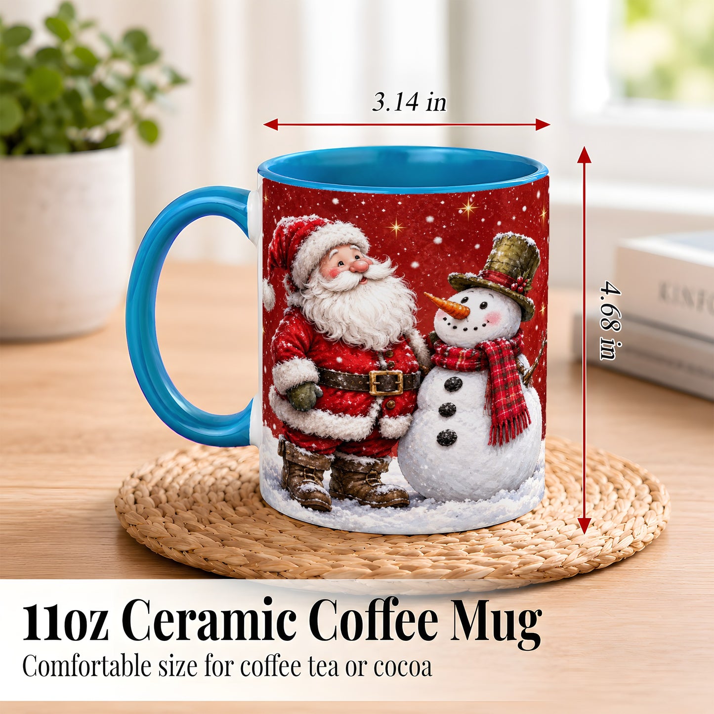 #pl[11oz|Blue] Snowy Santa Snowman Coffee Mug, Christmas Mug, Ceramic Cup