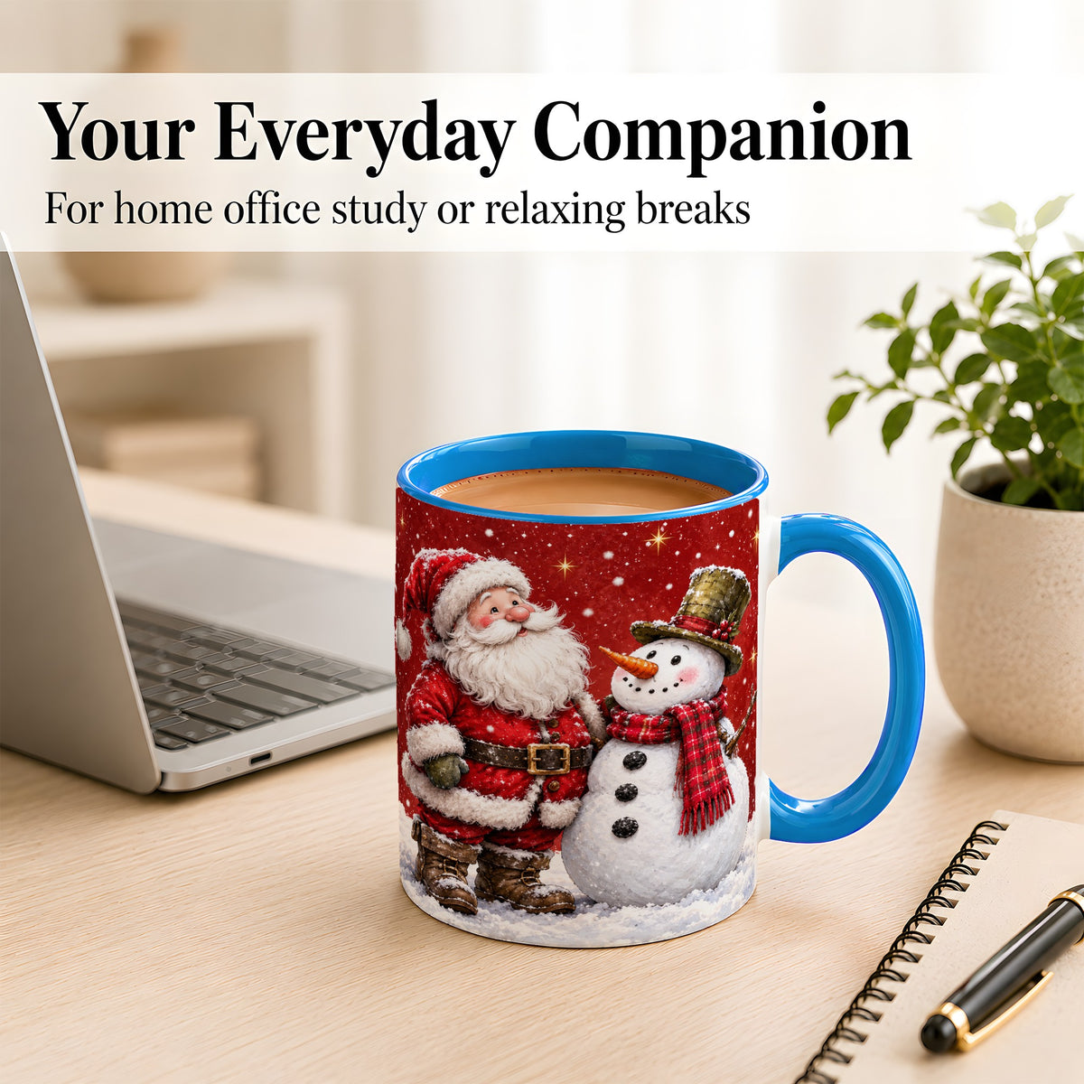 #pl[11oz|Blue] Snowy Santa Snowman Coffee Mug, Christmas Mug, Ceramic Cup