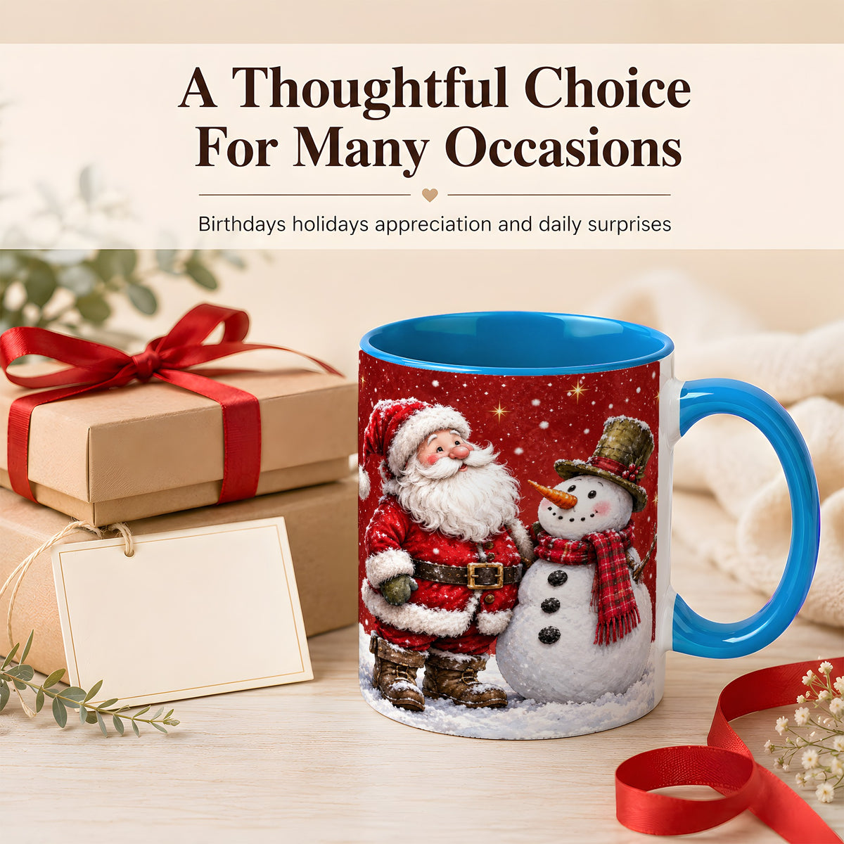 #pl[11oz|Blue] Snowy Santa Snowman Coffee Mug, Christmas Mug, Ceramic Cup