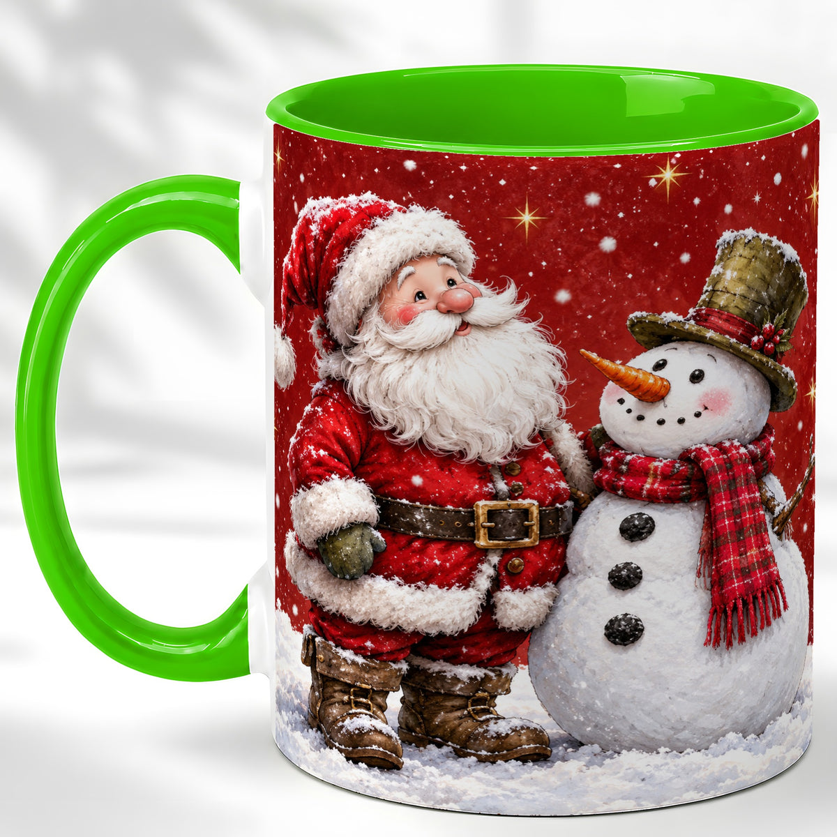 #pl[11oz|Green] Snowy Santa Snowman Coffee Mug, Christmas Mug, Ceramic Cup