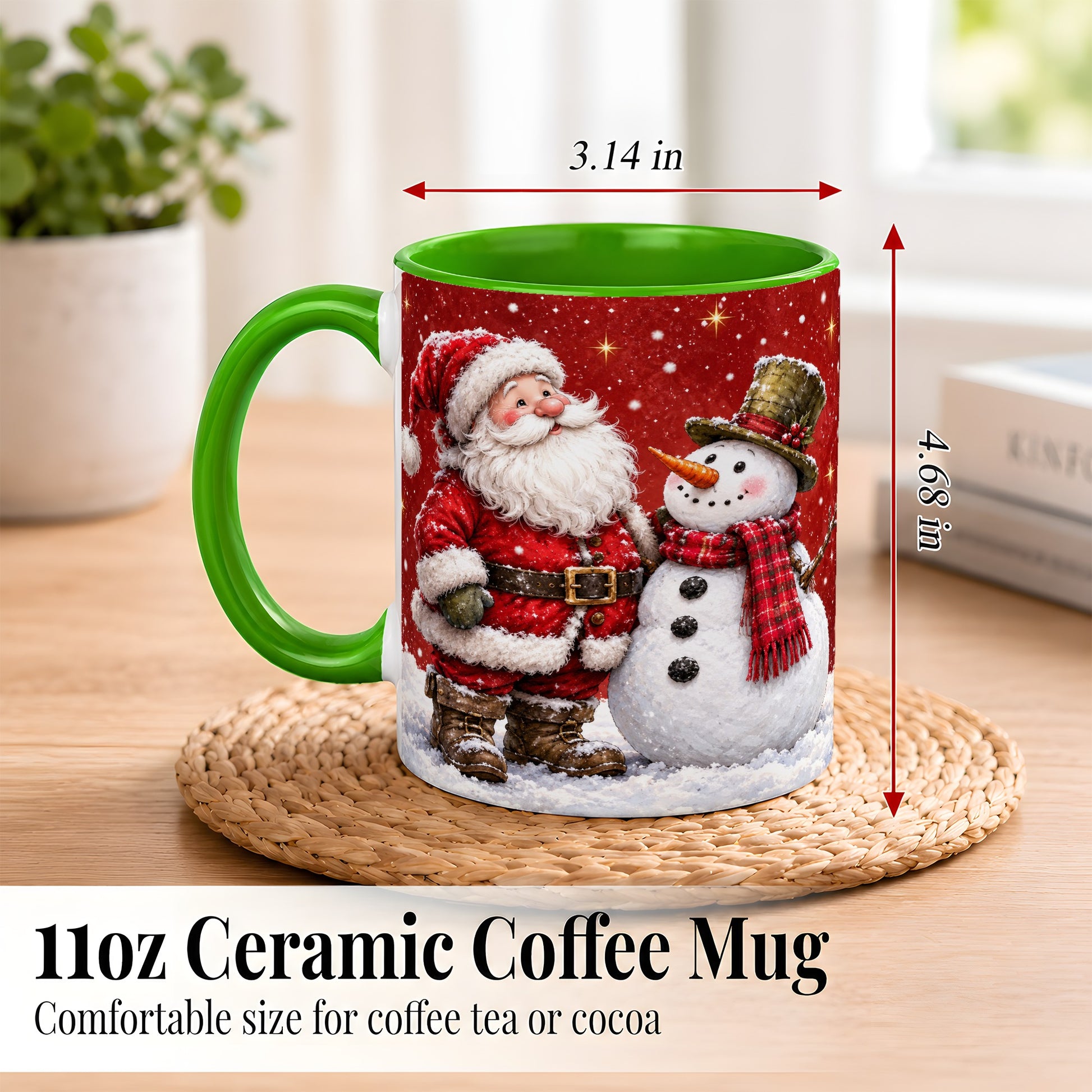 #pl[11oz|Green] Snowy Santa Snowman Coffee Mug, Christmas Mug, Ceramic Cup