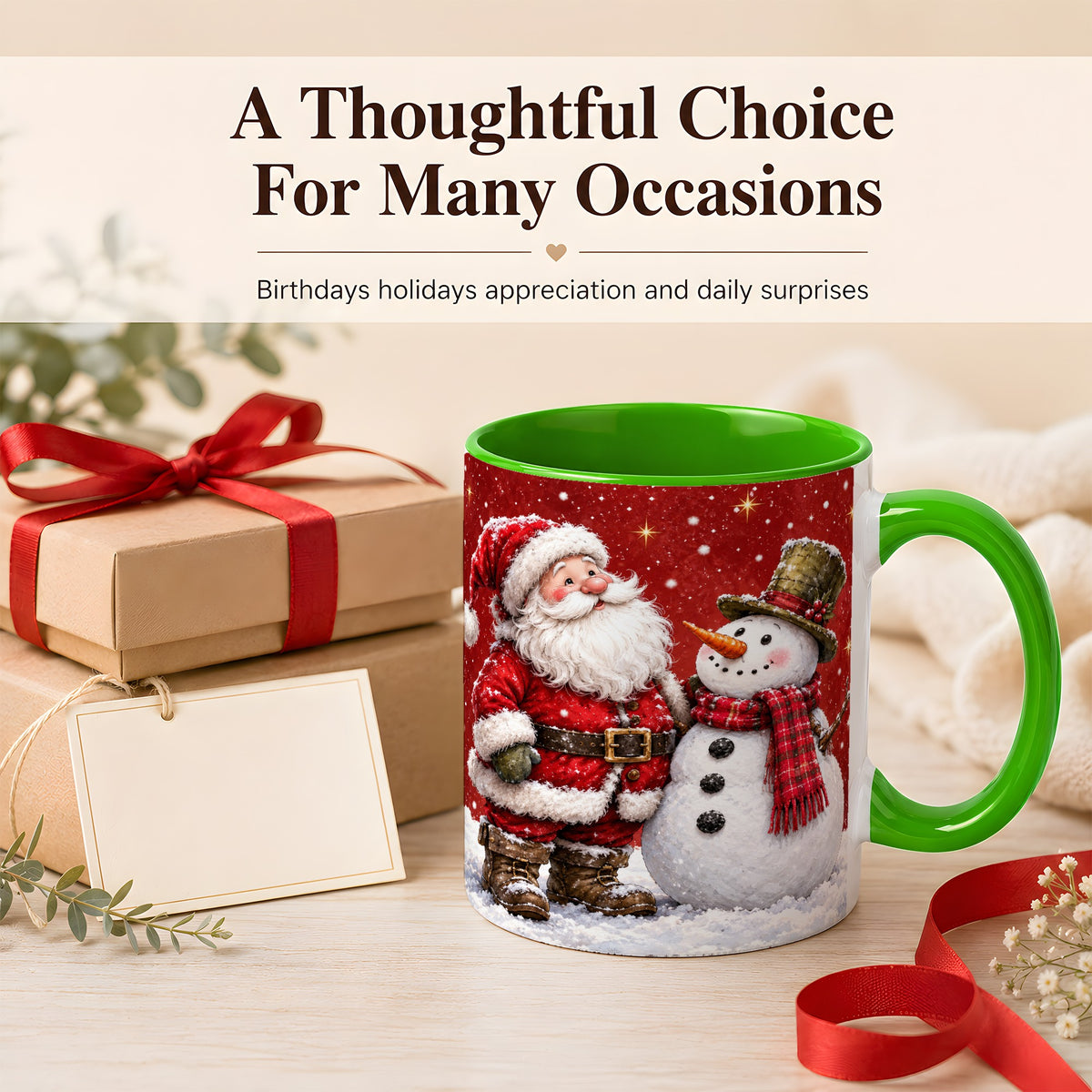 #pl[11oz|Green] Snowy Santa Snowman Coffee Mug, Christmas Mug, Ceramic Cup