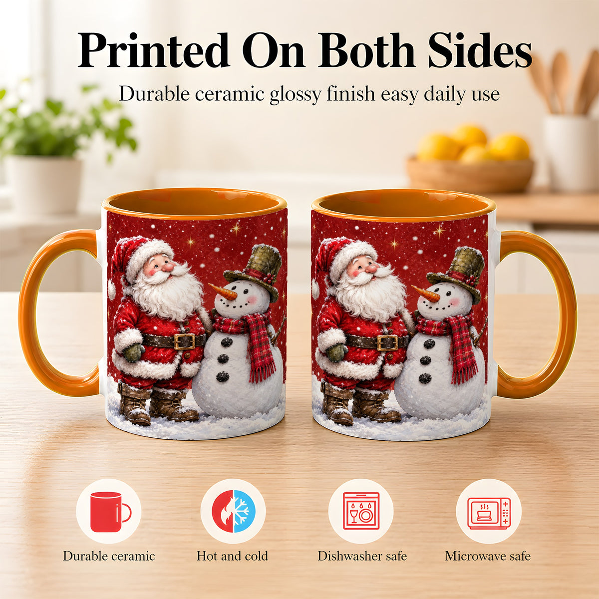#pl[11oz|Orange] Snowy Santa Snowman Coffee Mug, Christmas Mug, Ceramic Cup