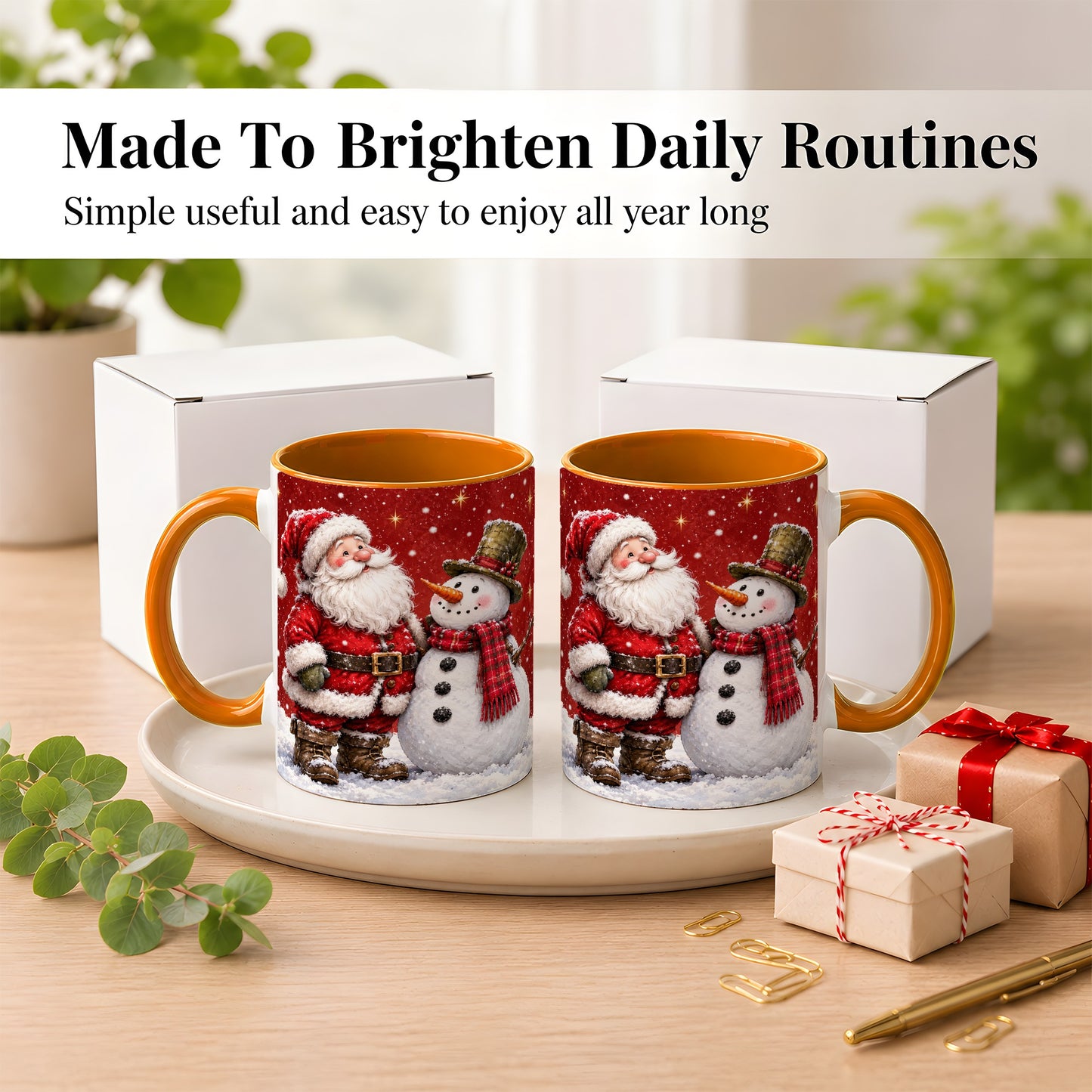 #pl[11oz|Orange] Snowy Santa Snowman Coffee Mug, Christmas Mug, Ceramic Cup