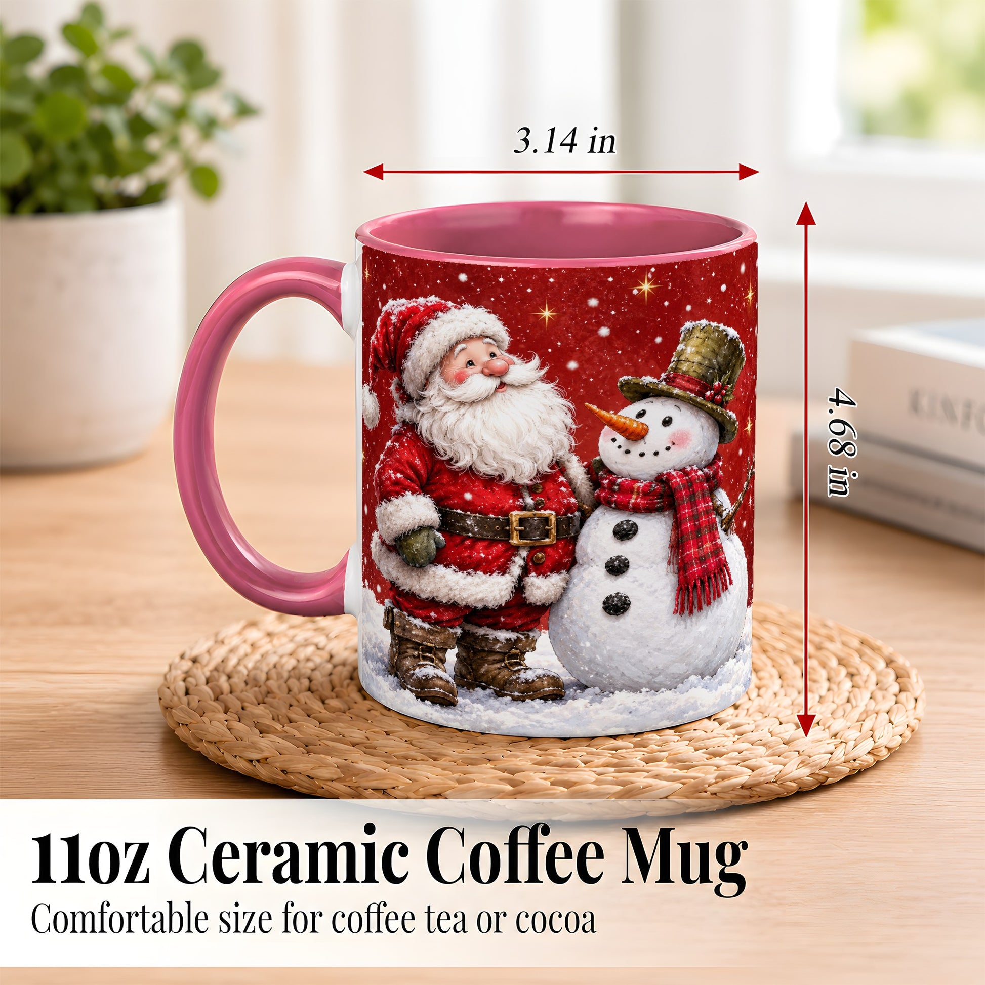 #pl[11oz|Pink] Snowy Santa Snowman Coffee Mug, Christmas Mug, Ceramic Cup