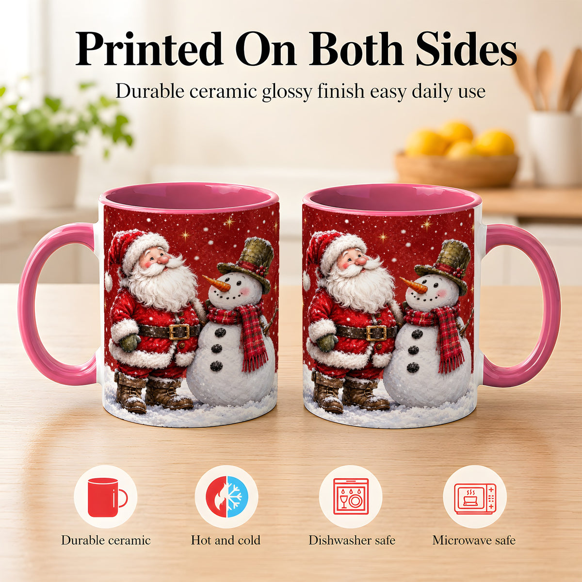#pl[11oz|Pink] Snowy Santa Snowman Coffee Mug, Christmas Mug, Ceramic Cup