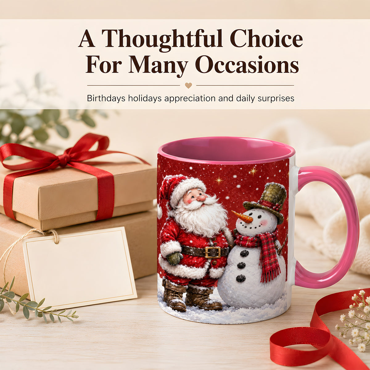 #pl[11oz|Pink] Snowy Santa Snowman Coffee Mug, Christmas Mug, Ceramic Cup