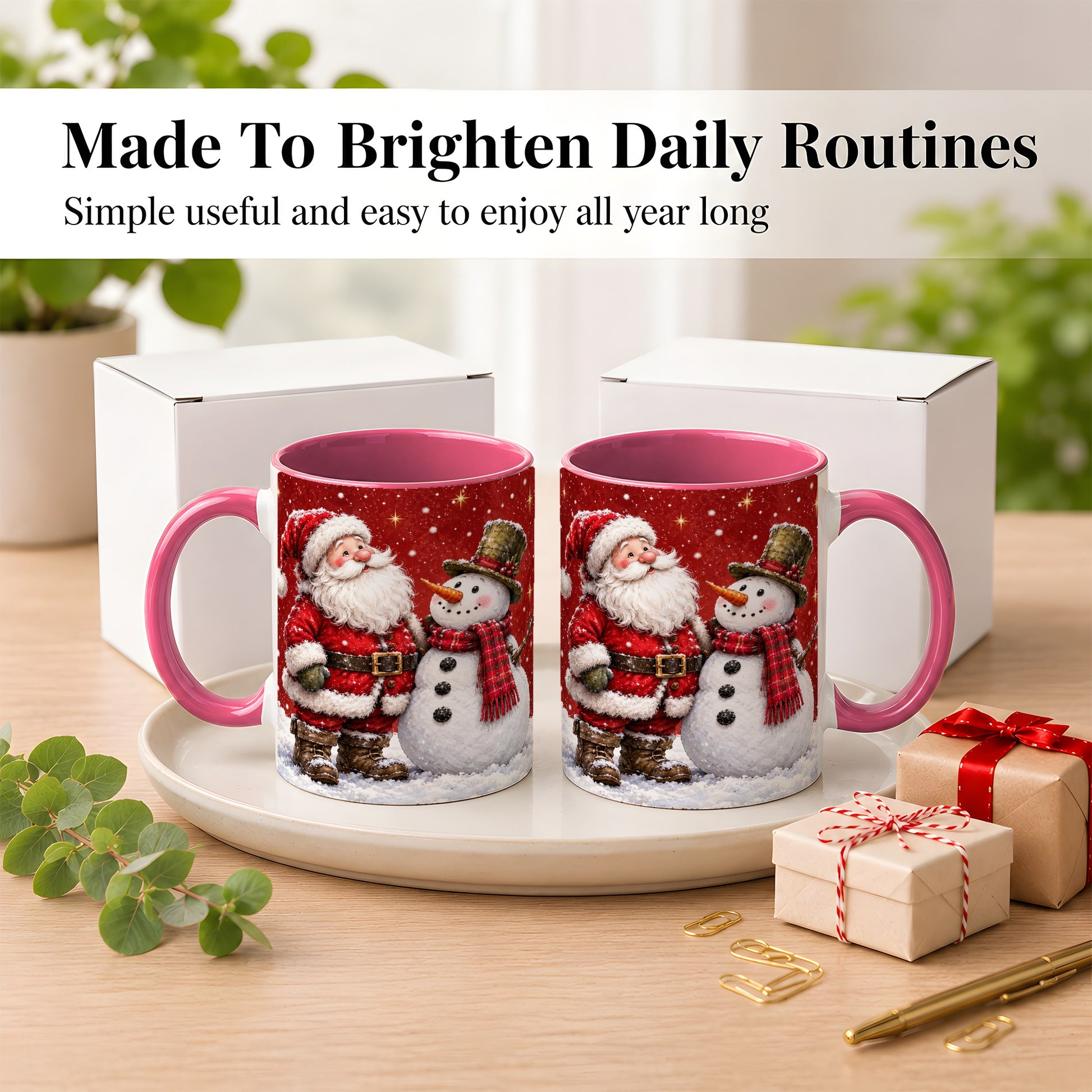 #pl[11oz|Pink] Snowy Santa Snowman Coffee Mug, Christmas Mug, Ceramic Cup