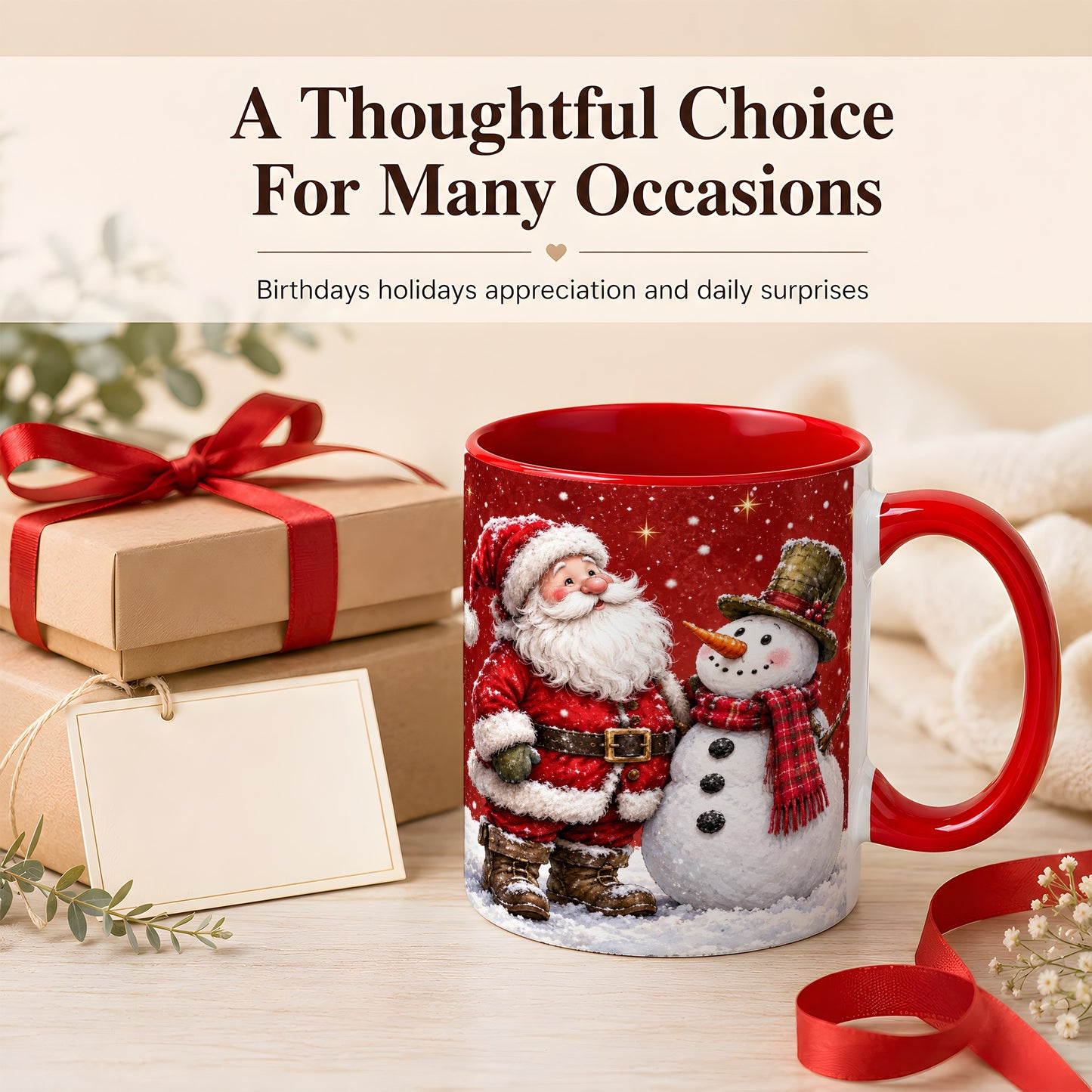 #pl[11oz|Red] Snowy Santa Snowman Coffee Mug, Christmas Mug, Ceramic Cup