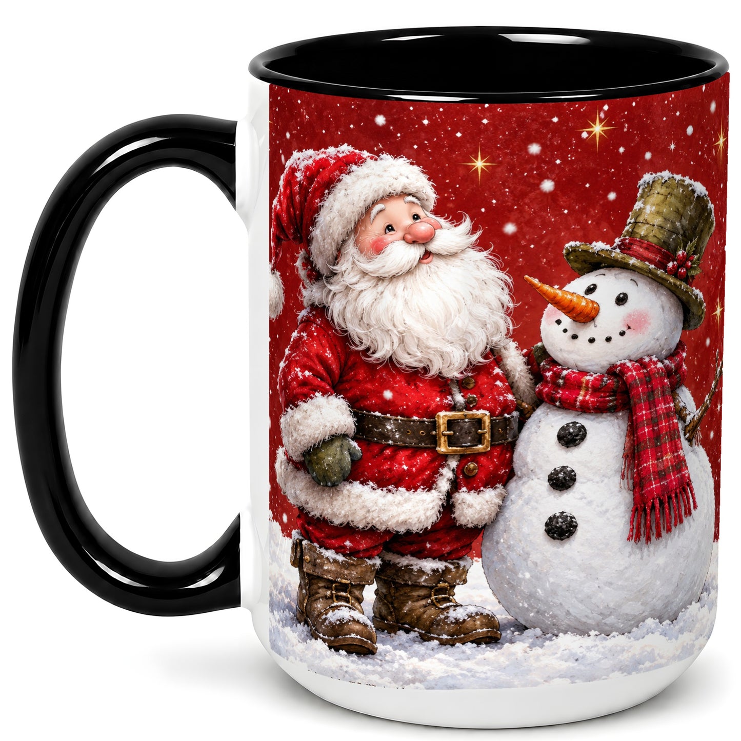 #pl[15oz|Black] Snowy Santa Snowman Coffee Mug, Christmas Mug, Ceramic Cup