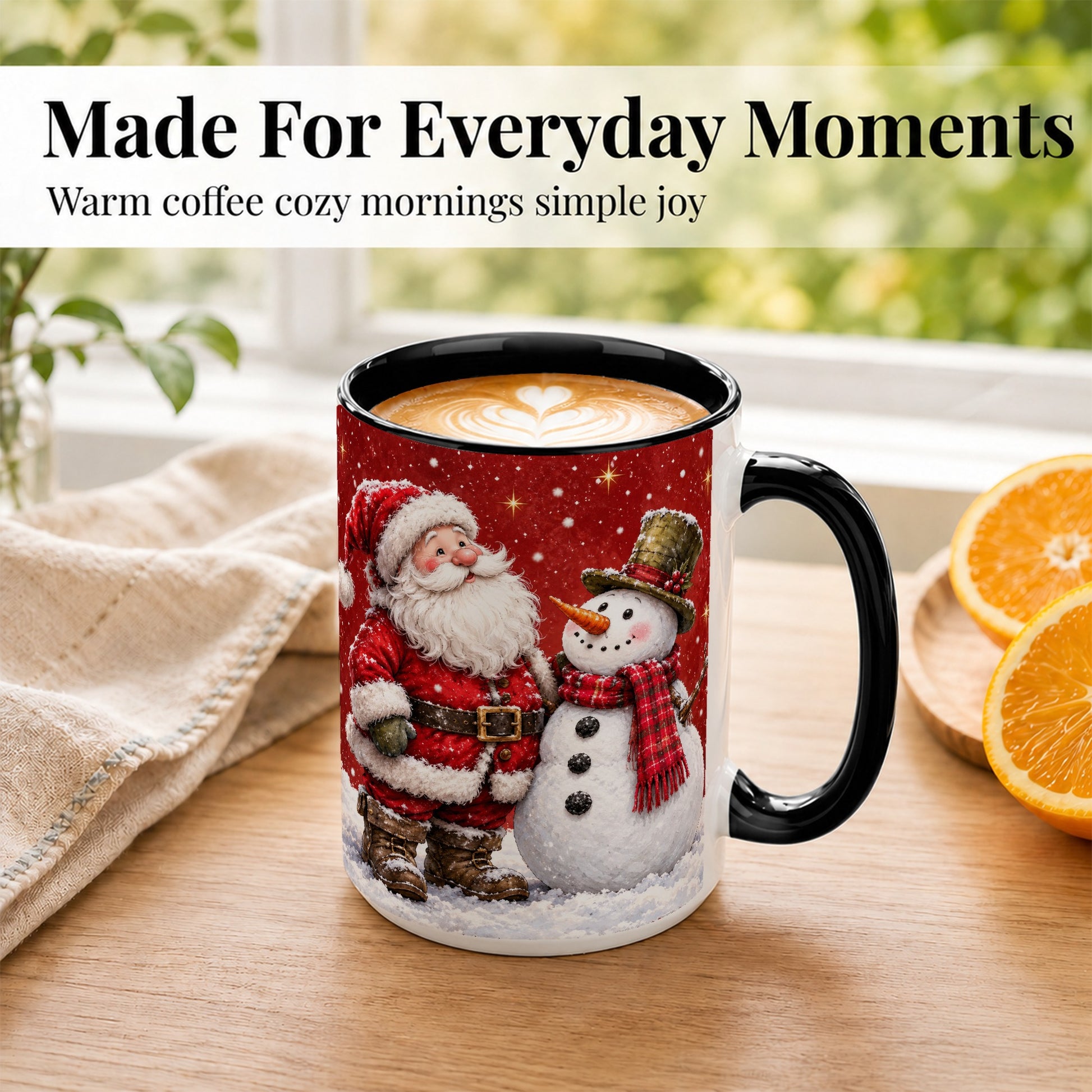 #pl[15oz|Black] Snowy Santa Snowman Coffee Mug, Christmas Mug, Ceramic Cup