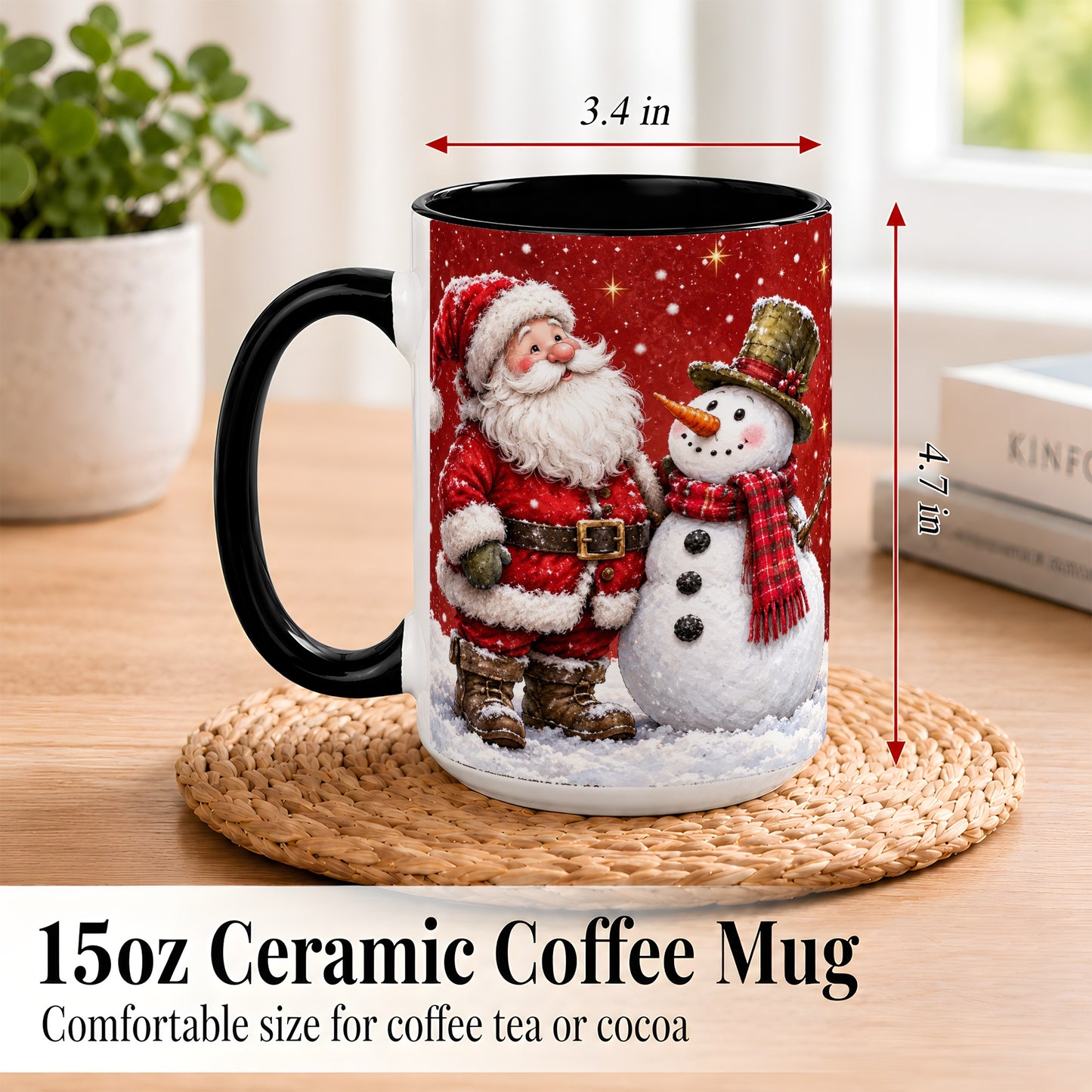 #pl[15oz|Black] Snowy Santa Snowman Coffee Mug, Christmas Mug, Ceramic Cup