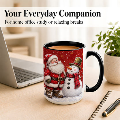 #pl[15oz|Black] Snowy Santa Snowman Coffee Mug, Christmas Mug, Ceramic Cup