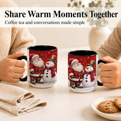 #pl[15oz|Black] Snowy Santa Snowman Coffee Mug, Christmas Mug, Ceramic Cup