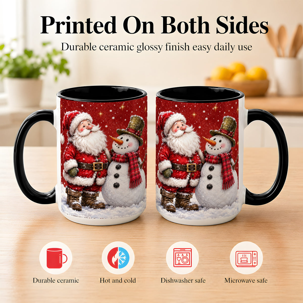#pl[15oz|Black] Snowy Santa Snowman Coffee Mug, Christmas Mug, Ceramic Cup