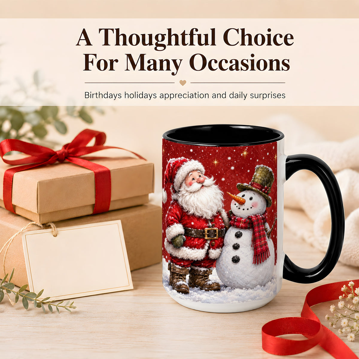 #pl[15oz|Black] Snowy Santa Snowman Coffee Mug, Christmas Mug, Ceramic Cup