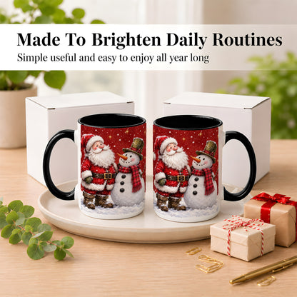 #pl[15oz|Black] Snowy Santa Snowman Coffee Mug, Christmas Mug, Ceramic Cup
