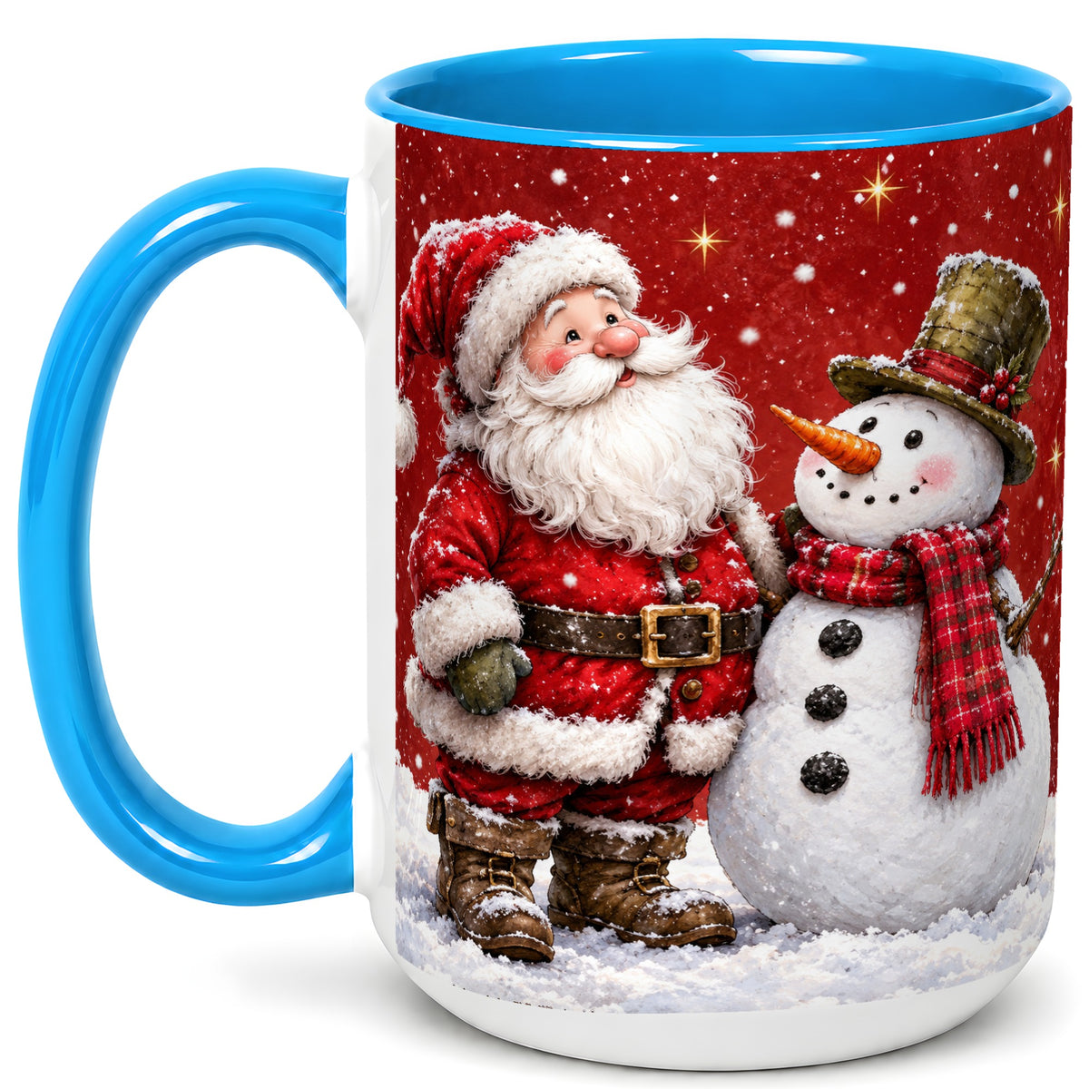 #pl[15oz|Blue] Snowy Santa Snowman Coffee Mug, Christmas Mug, Ceramic Cup