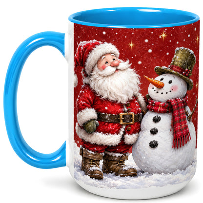 #pl[15oz|Blue] Snowy Santa Snowman Coffee Mug, Christmas Mug, Ceramic Cup