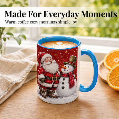 #pl[15oz|Blue] Snowy Santa Snowman Coffee Mug, Christmas Mug, Ceramic Cup