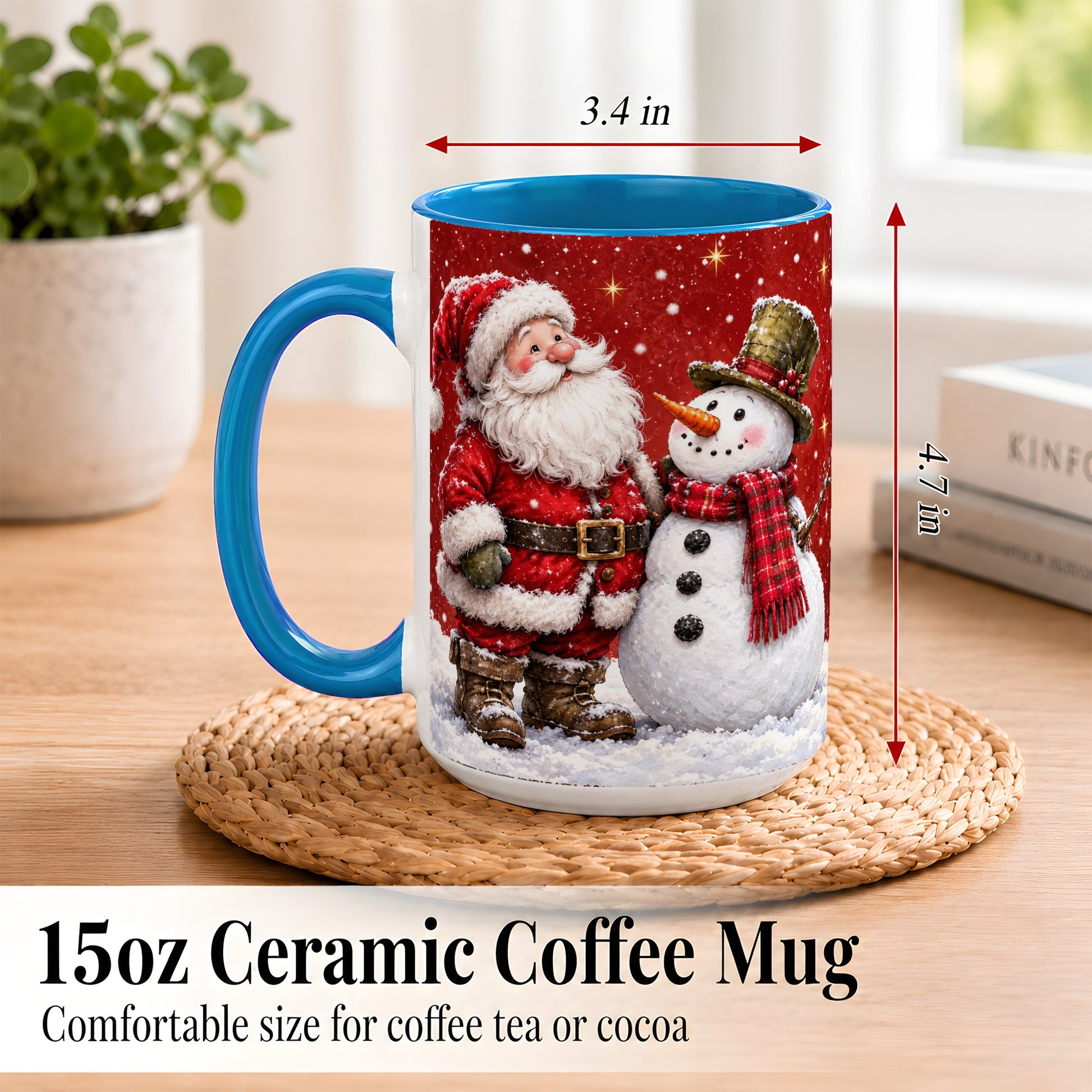 #pl[15oz|Blue] Snowy Santa Snowman Coffee Mug, Christmas Mug, Ceramic Cup