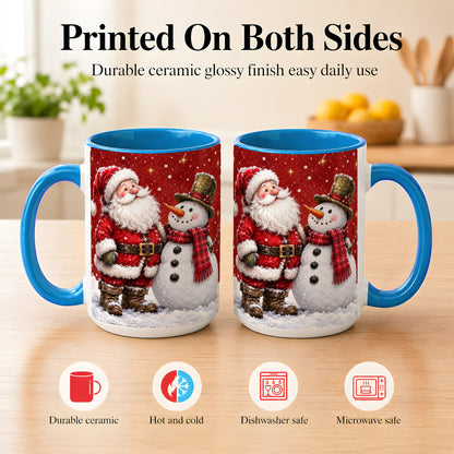 #pl[15oz|Blue] Snowy Santa Snowman Coffee Mug, Christmas Mug, Ceramic Cup