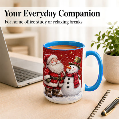 #pl[15oz|Blue] Snowy Santa Snowman Coffee Mug, Christmas Mug, Ceramic Cup