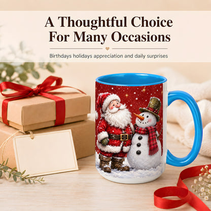 #pl[15oz|Blue] Snowy Santa Snowman Coffee Mug, Christmas Mug, Ceramic Cup