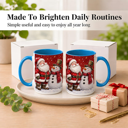 #pl[15oz|Blue] Snowy Santa Snowman Coffee Mug, Christmas Mug, Ceramic Cup