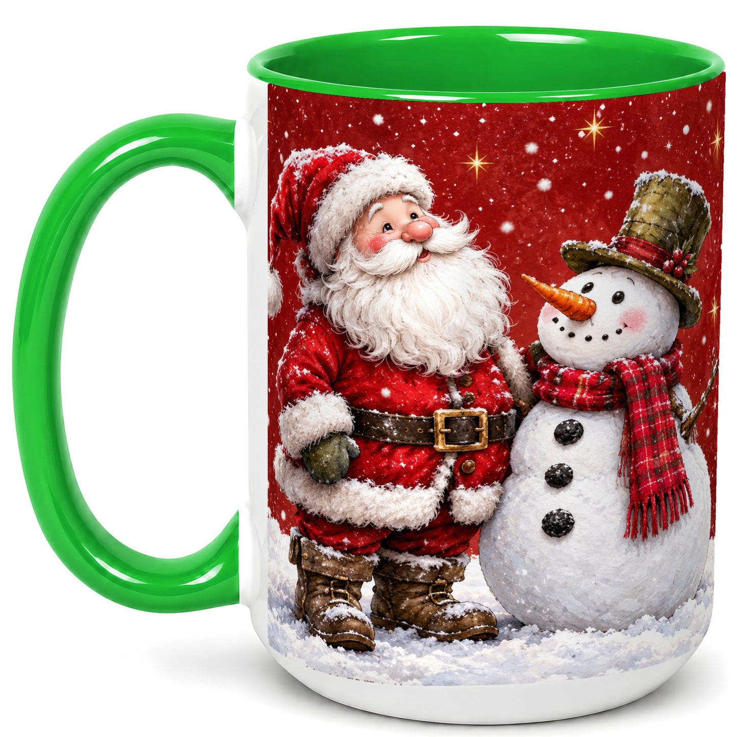#pl[15oz|Green] Snowy Santa Snowman Coffee Mug, Christmas Mug, Ceramic Cup