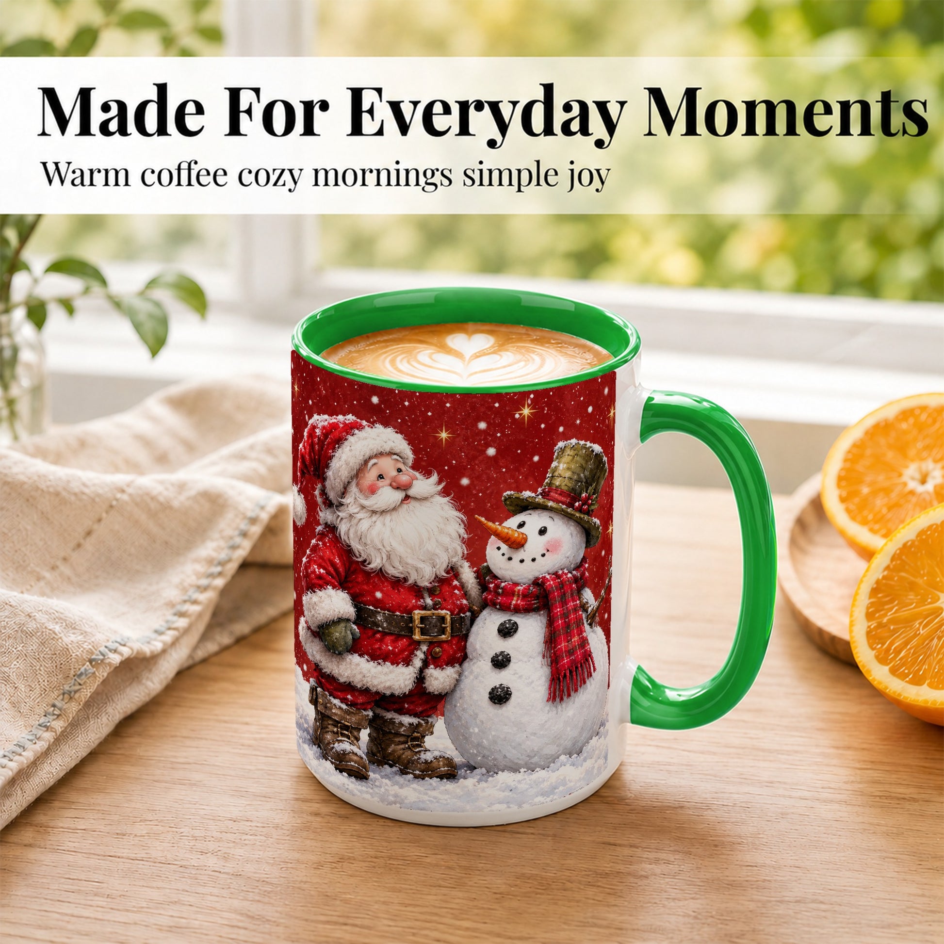 #pl[15oz|Green] Snowy Santa Snowman Coffee Mug, Christmas Mug, Ceramic Cup
