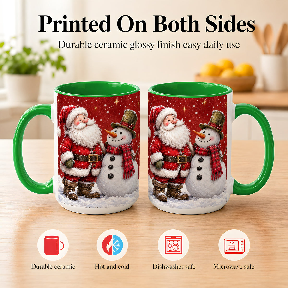 #pl[15oz|Green] Snowy Santa Snowman Coffee Mug, Christmas Mug, Ceramic Cup