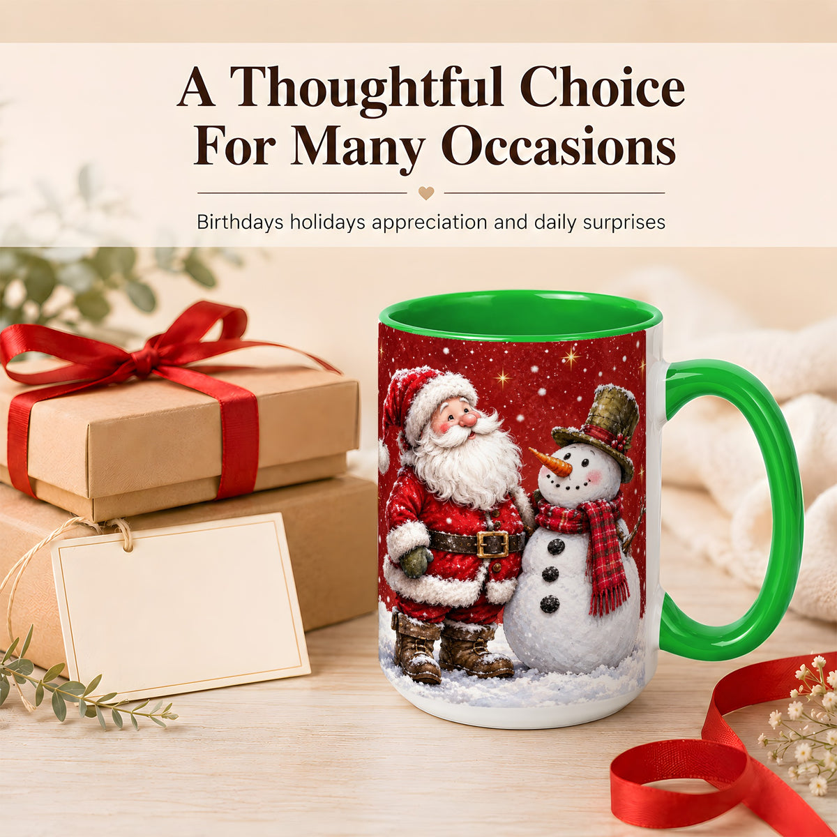 #pl[15oz|Green] Snowy Santa Snowman Coffee Mug, Christmas Mug, Ceramic Cup