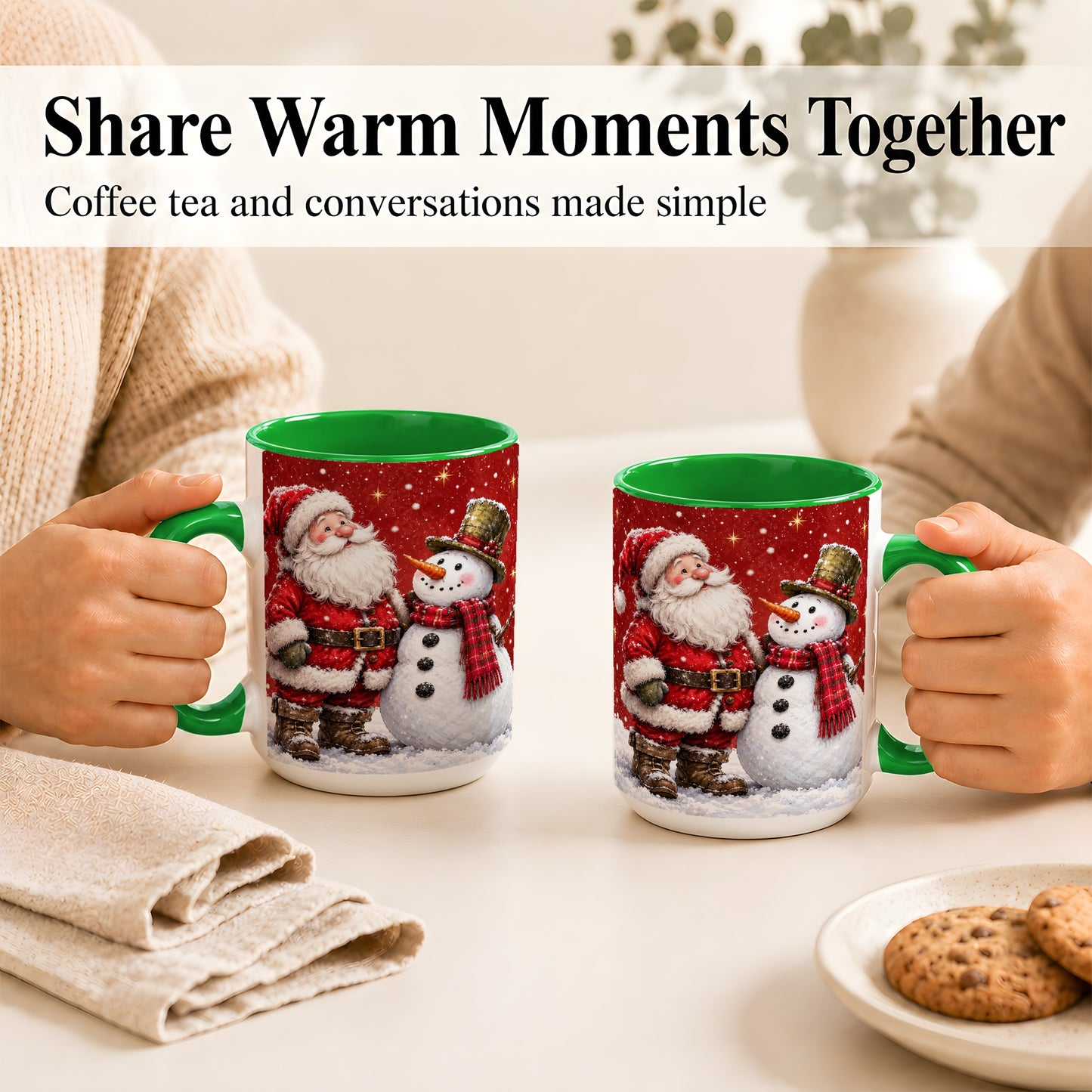 #pl[15oz|Green] Snowy Santa Snowman Coffee Mug, Christmas Mug, Ceramic Cup