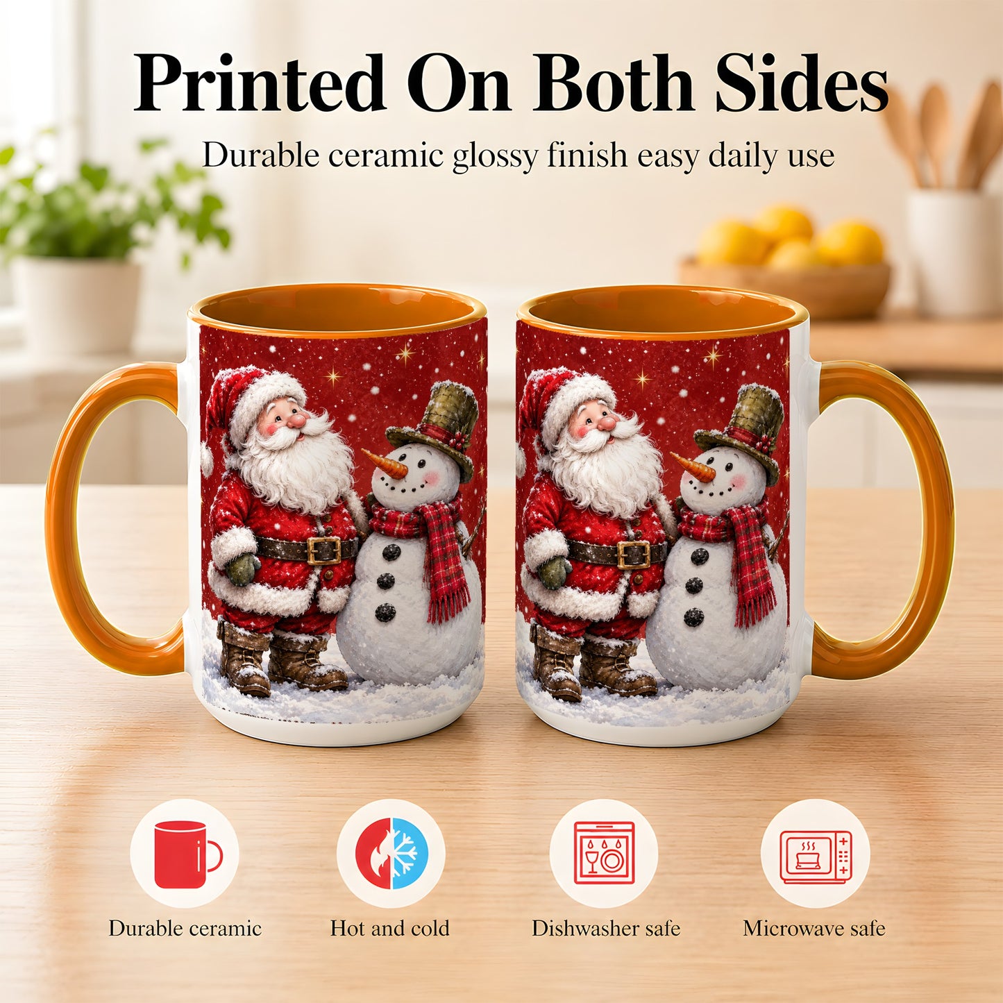 #pl[15oz|Orange] Snowy Santa Snowman Coffee Mug, Christmas Mug, Ceramic Cup
